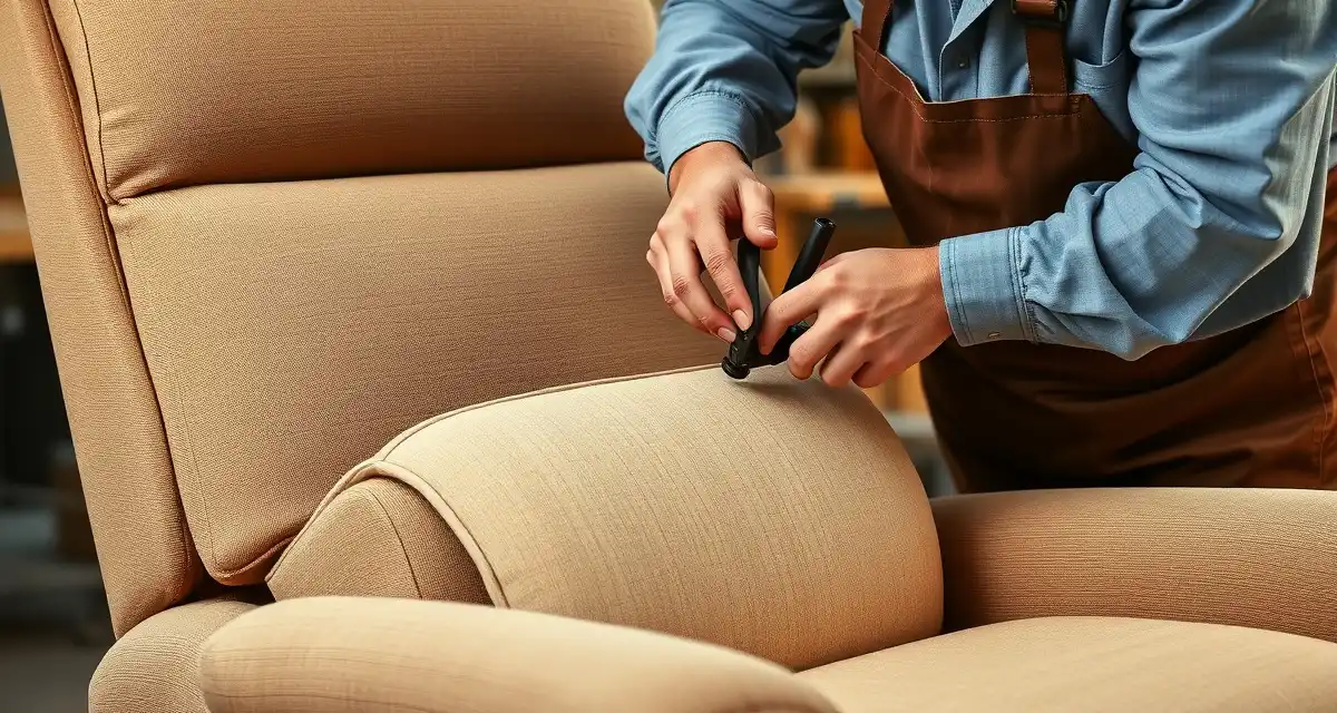 Expert recliner fabric installation technique Professional upholsterer installing fabric on recliner mechanism while carefully avoiding pivot points to prevent binding issues