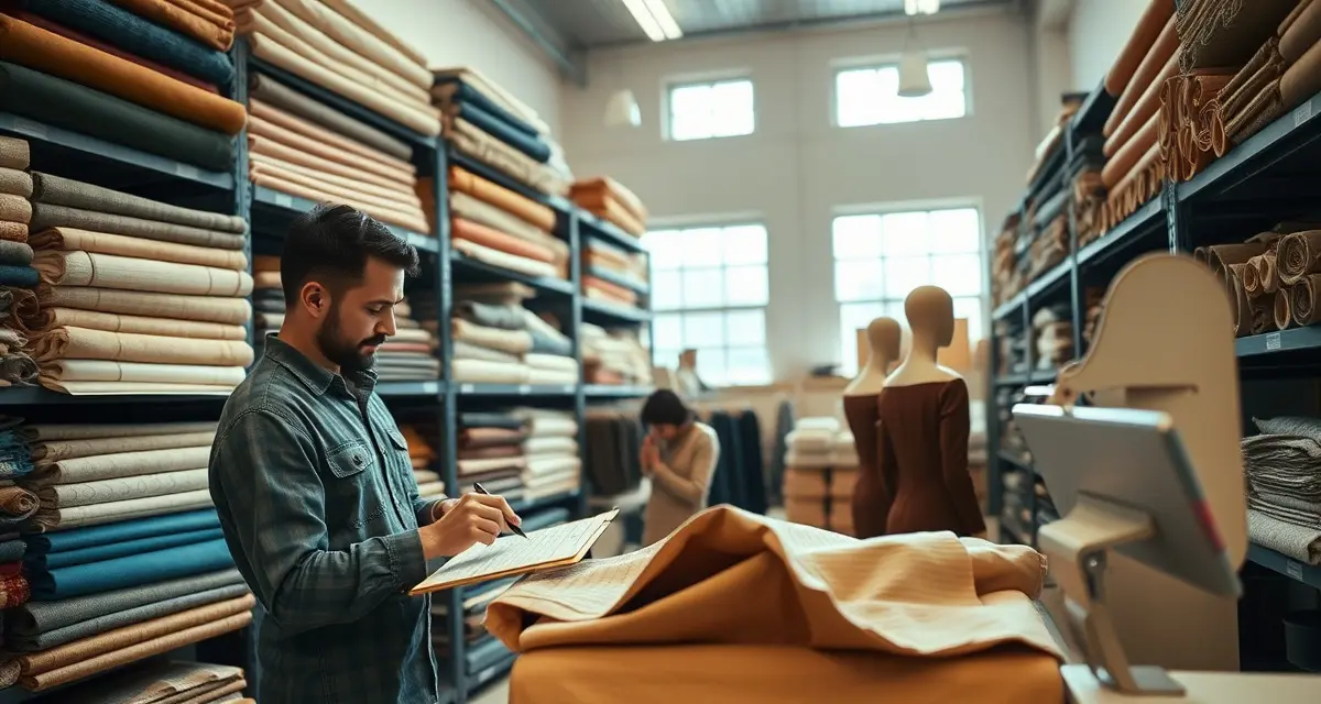 Fabric inventory management best practices Organized upholstery shop fabric inventory with precise measurement tools and organized fabric rolls to reduce shortfalls