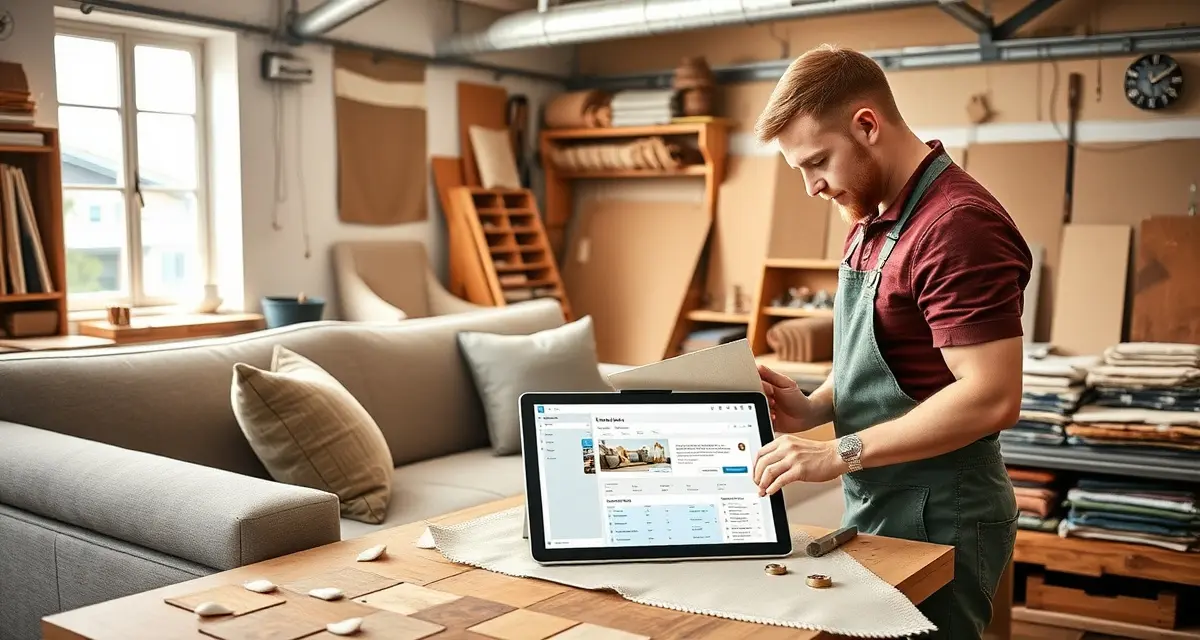 StitchDesk residential upholstery management Upholstery shop manager using StitchDesk software to track residential sofa reupholstering project with fabric confirmation on tablet