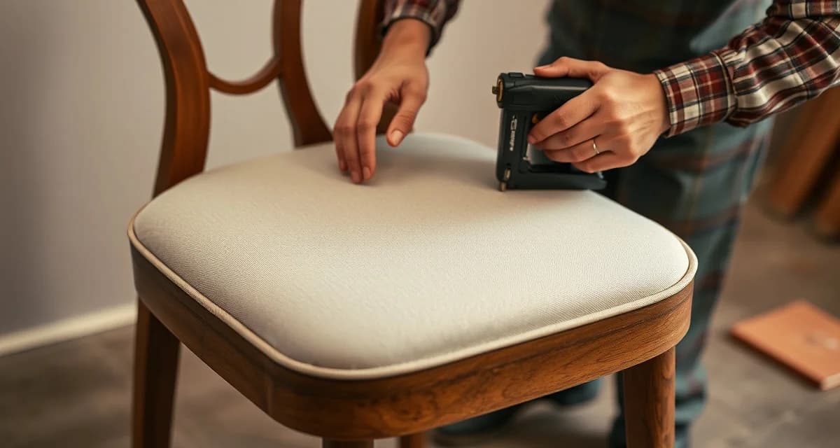 Professional dining chair reupholstery workflow Expert upholstery craftsperson demonstrating proper dining chair reupholstery technique with fabric and tools