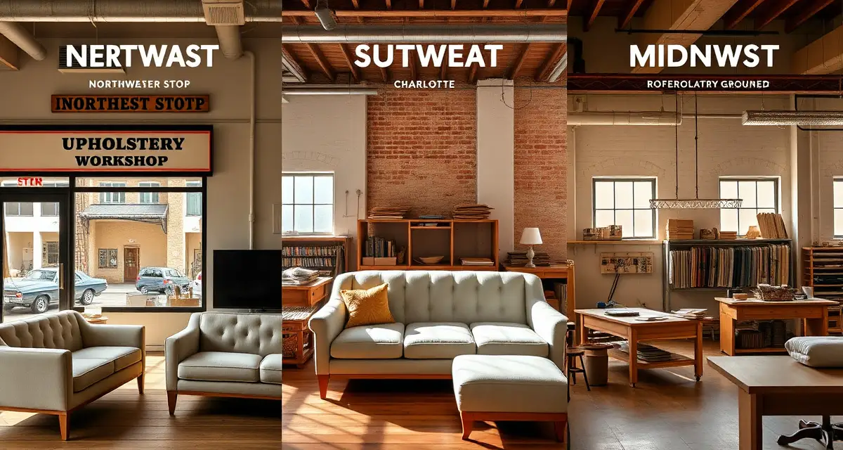 Reupholstery labor and overhead cost differences by U.S. region Regional comparison of upholstery workshop costs showing Northeast premium pricing, Southeast affordability, and Midwest median rates across different shop interiors.