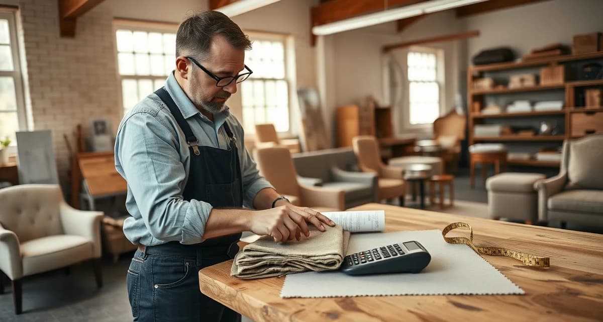 Accurate reupholstery pricing calculation Upholstery shop owner calculating reupholstery pricing with fabric samples and measurement tools on workbench