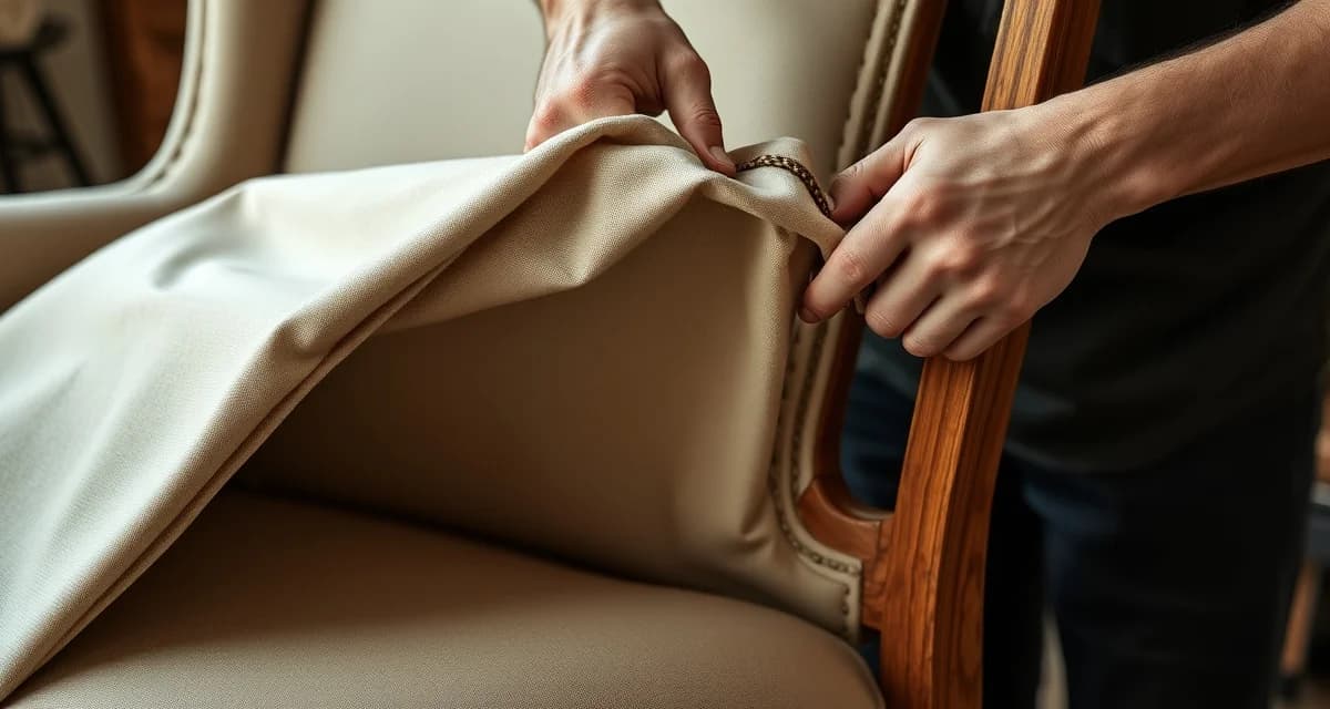 Professional furniture reupholstery in progress Upholsterer removing old fabric from chair frame during reupholstery process, showing inner padding and wooden structure