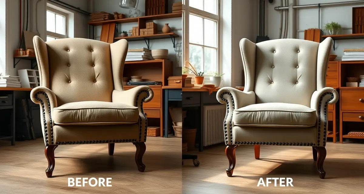 Reupholstery value assessment for furniture shops Before and after comparison of reupholstered armchair showing cost-effective furniture restoration alternative to buying new