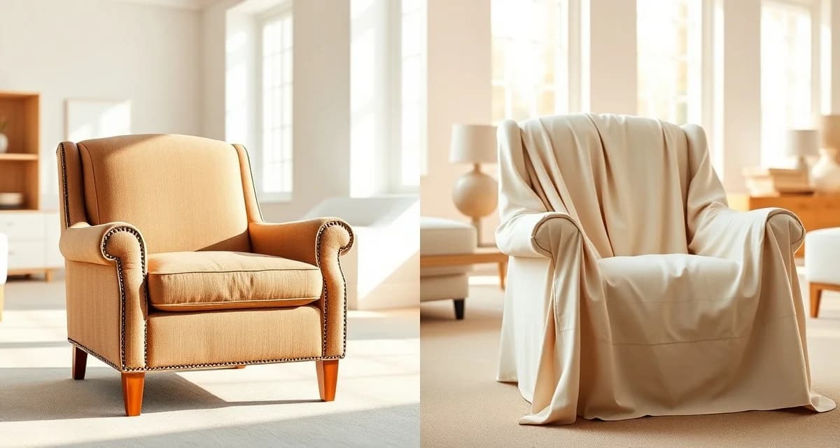 Reupholstery and slipcover furniture comparison Side-by-side comparison of reupholstered furniture versus slipcover furniture showing quality and finish differences.