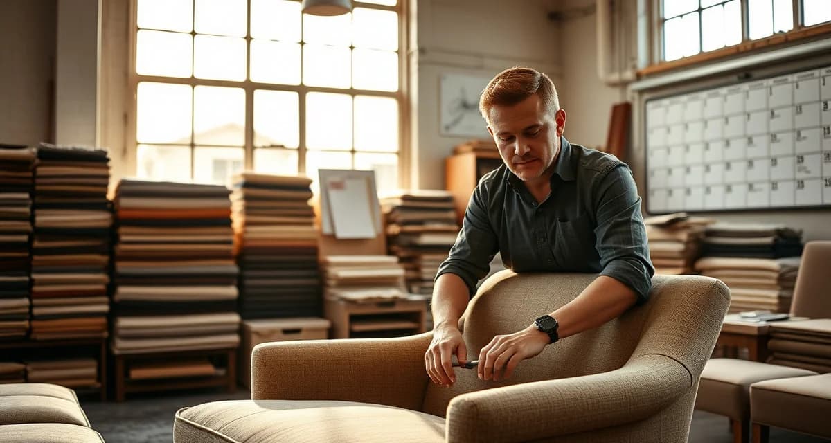 Professional rush upholstery job management and pricing strategy Upholsterer managing rush upholstery jobs with scheduling board and fabric samples organized in professional workshop setting.