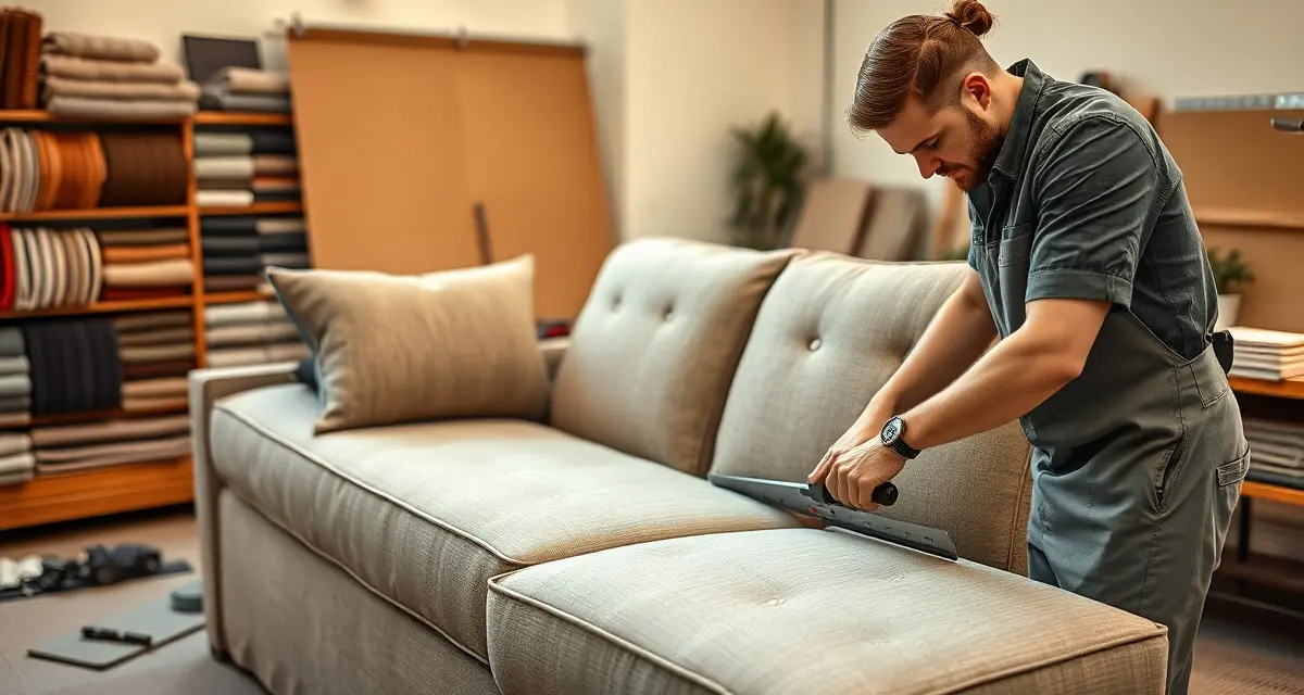 Corner-first sectional reupholstery technique Expert upholsterer aligning fabric patterns on sectional corner unit during reupholstery project showing proper piece-by-piece methodology