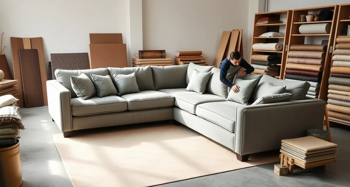 Sectional reupholstery cost breakdown and fabric options Premium sectional sofa reupholstery project showing fabric selection and professional upholstery work in progress