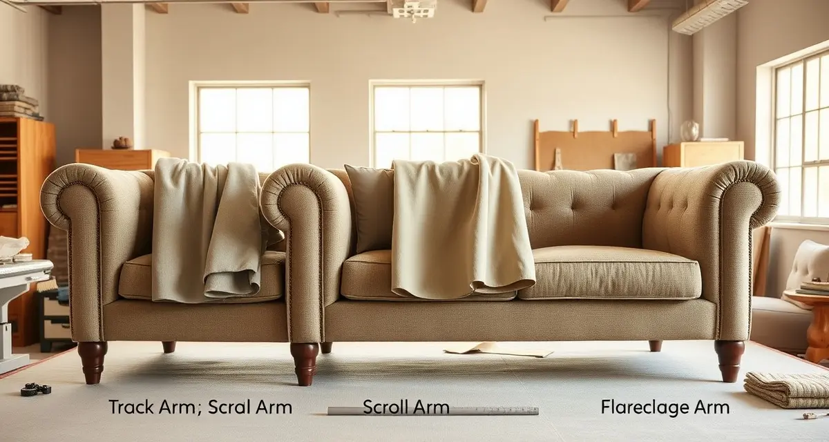 Sofa arm yardage comparison chart by arm style Three upholstery arm styles comparison showing track, scroll, and flared arms with fabric yardage differences displayed for accurate calculation.