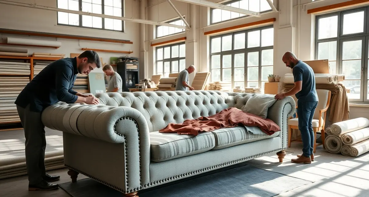 Sofa reupholstery cost factors and pricing breakdown Professional upholsterer measuring and working on sofa reupholstery project with fabric samples and cost considerations displayed