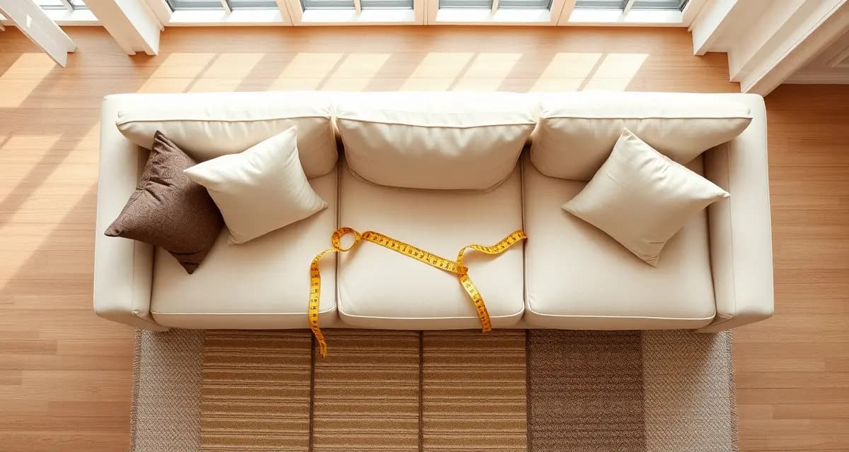 Fabric measurement guide for sofa reupholstery projects Measuring fabric yardage for sofa reupholstery with samples and measuring tape on neutral background