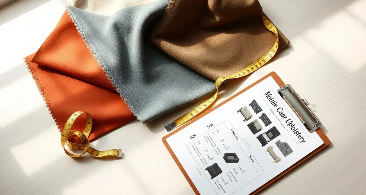 Sofa fabric yardage planning materials Upholstery fabric samples with measuring tape and sofa style reference notes for calculating reupholstery yardage requirements