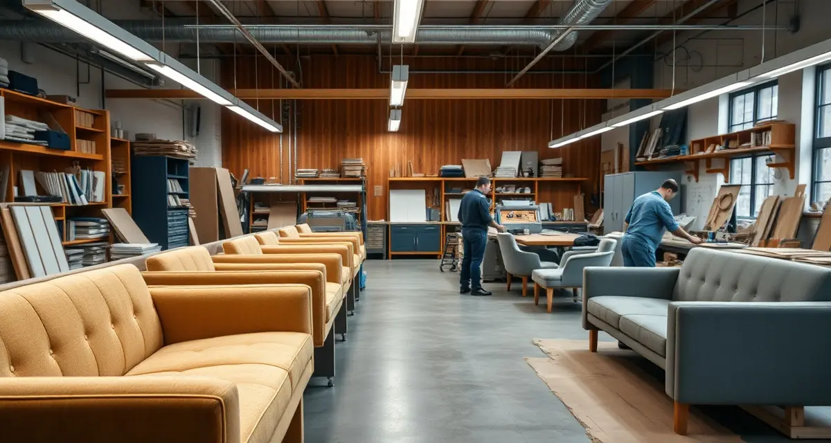 Sofa-specialized upholstery workshop efficiency Specialized upholstery workshop optimized for sofa production showing organized workspace and efficient production setup that increased margins.
