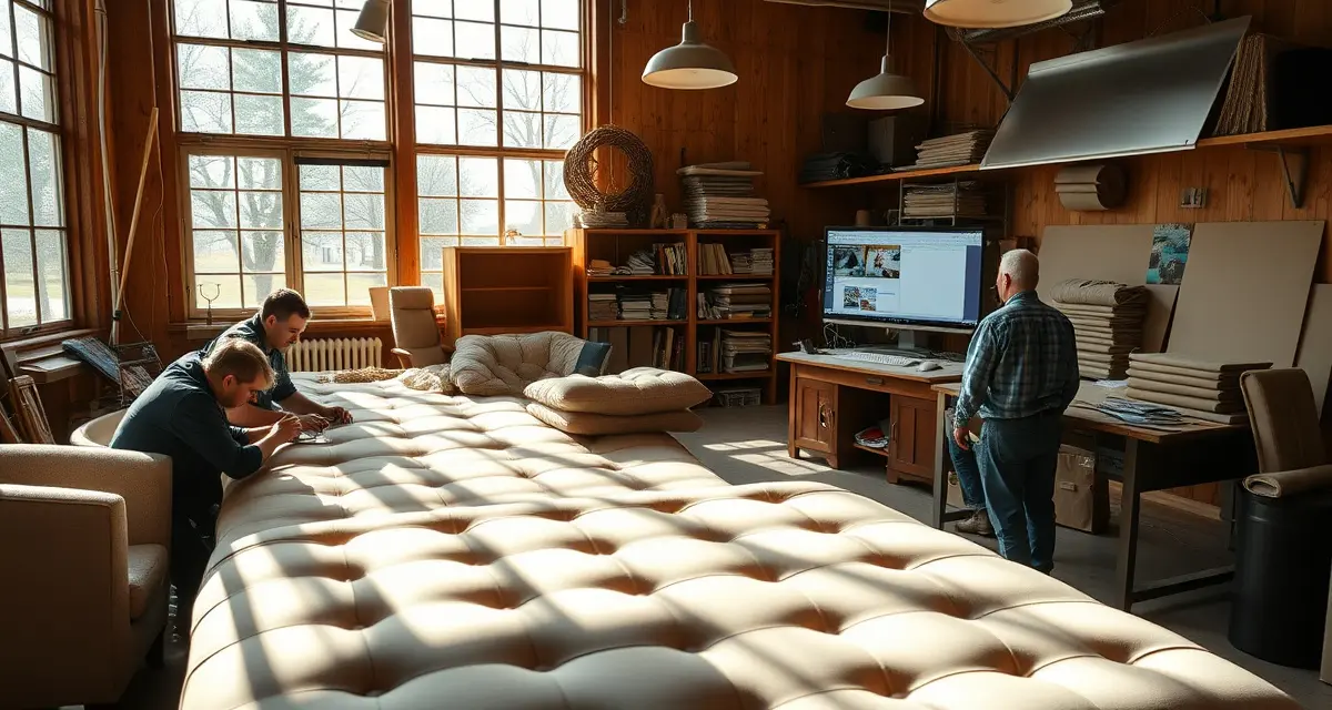 StitchDesk upholstery management platform for South Dakota shops Upholstery shop management software interface displayed in a professional South Dakota workshop with craftspeople working on commercial furniture projects