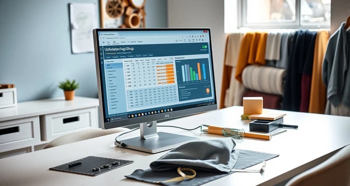 Upholstery management software comparison visualization StitchDesk vs Jobber comparison for upholstery shop management software showing fabric calculation features and interface design