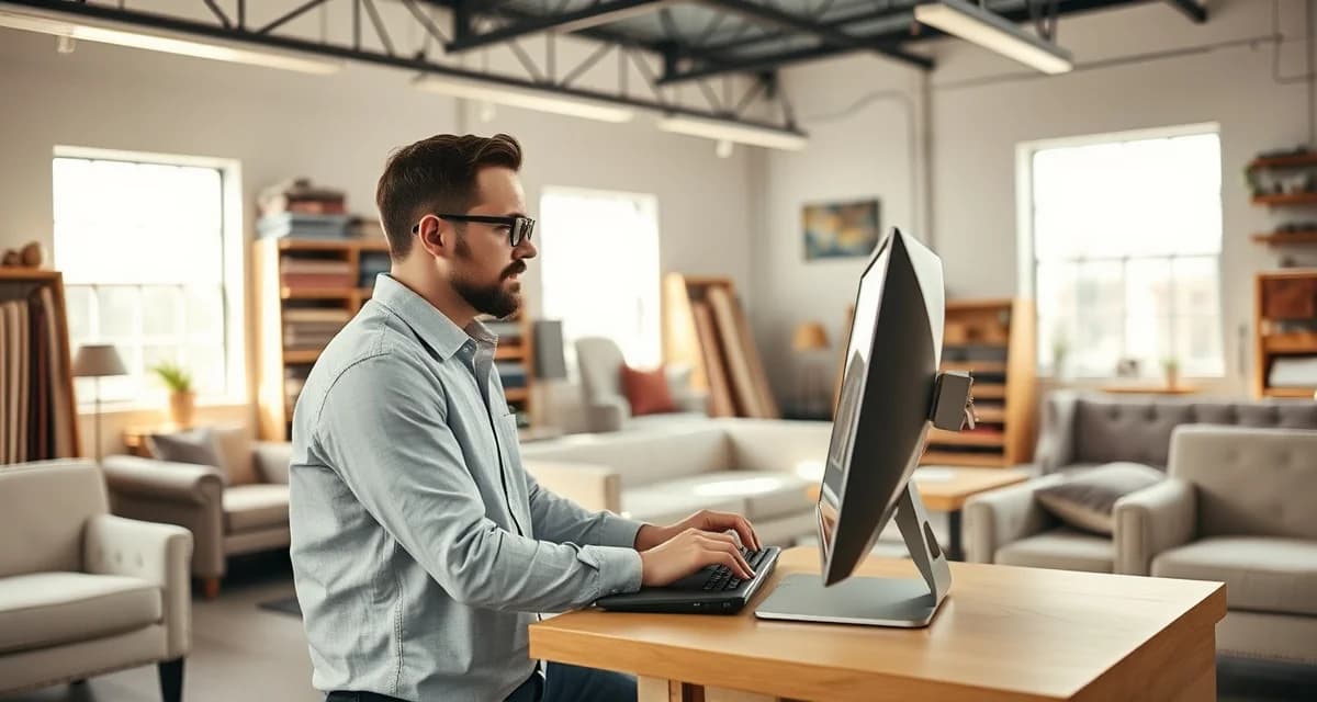 StitchDesk software for Tennessee upholstery shops Upholstery shop software interface displayed on computer in professional Tennessee upholstery workshop with fabric samples and furniture.