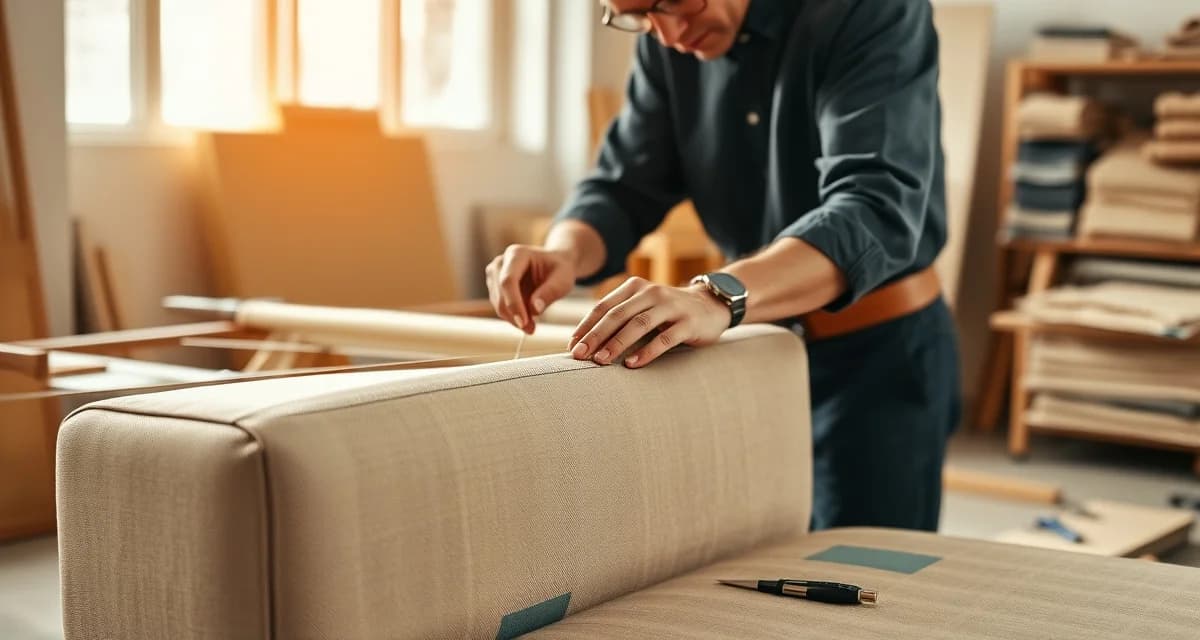 Fabric measurement for high-tension upholstery work Upholstery professional calculating fabric yardage for tight upholstery installation using measurement tools and tension techniques.