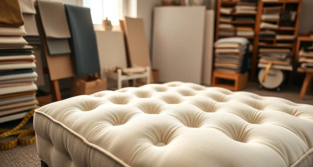 Tufted ottoman fabric yardage and button pull waste guide Tufted ottoman with button grid pattern showing fabric yardage measurement and button pull waste calculation for upholstery projects