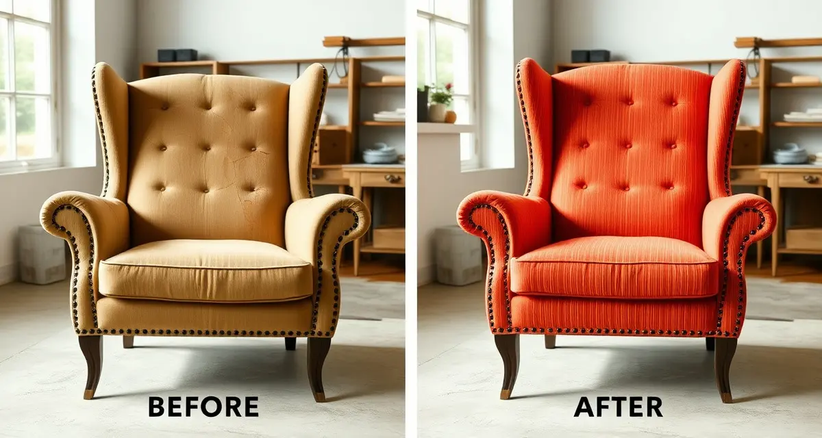 Upholstery shop before-after content example Before and after upholstery transformation showing furniture restoration process for Instagram marketing