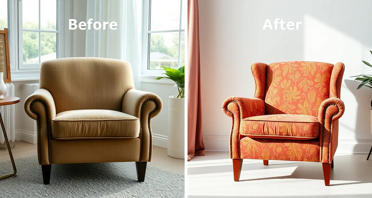 Professional upholstery before and after comparison Before and after upholstery transformation showing worn chair restored with professional reupholstering techniques using smartphone photography.