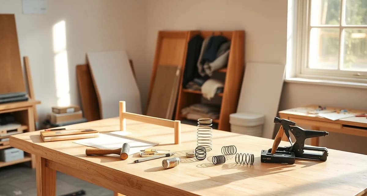 Essential tools and materials for starting upholstery projects Beginner upholstery workspace with dining chair frame, hand tools, fabric samples, and materials on workbench for learning basic upholstery skills.