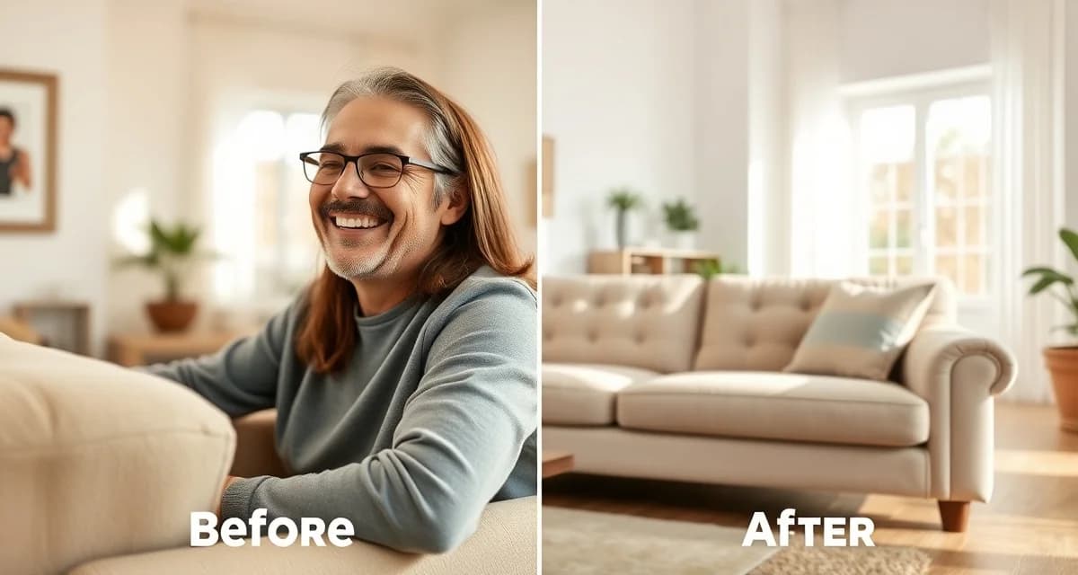 Video testimonial impact on upholstery shop conversions Happy upholstery client admiring their reupholstered sofa with visible before-and-after transformation of the furniture.