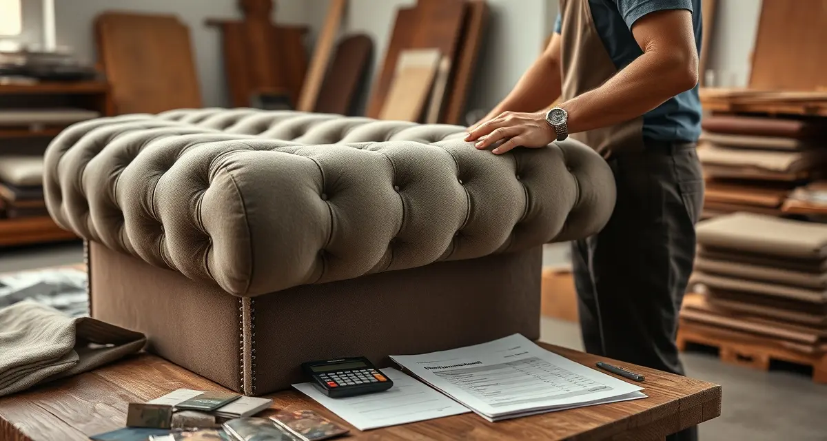 Cost estimation for upholstery projects Upholstery cost estimation worksheet and fabric samples on workshop table with professional pricing calculator