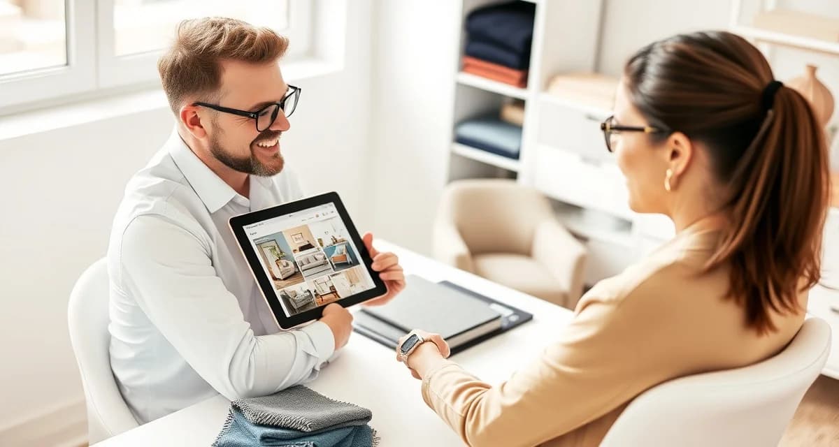 Digital customer portal reducing upholstery shop status calls Upholstery shop manager using customer portal software to track job status and share fabric choices with clients