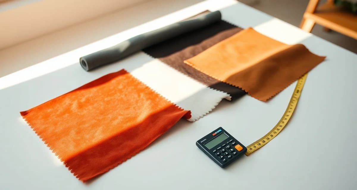 Fabric type comparison for upholstery yardage calculations Upholstery fabric samples including velvet, linen, and leather with measurement tools and calculator for accurate yardage calculations by material type.