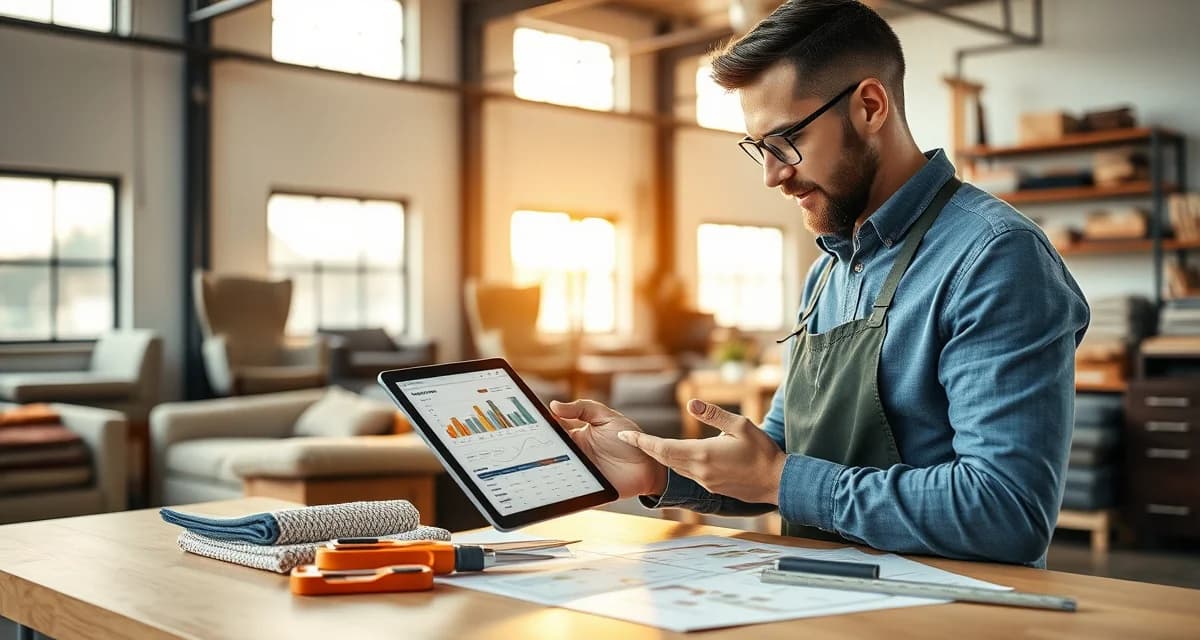 Fabric Calculator ROI Analysis for Upholstery Businesses Upholstery shop owner analyzing fabric calculator ROI and monthly savings metrics on digital device
