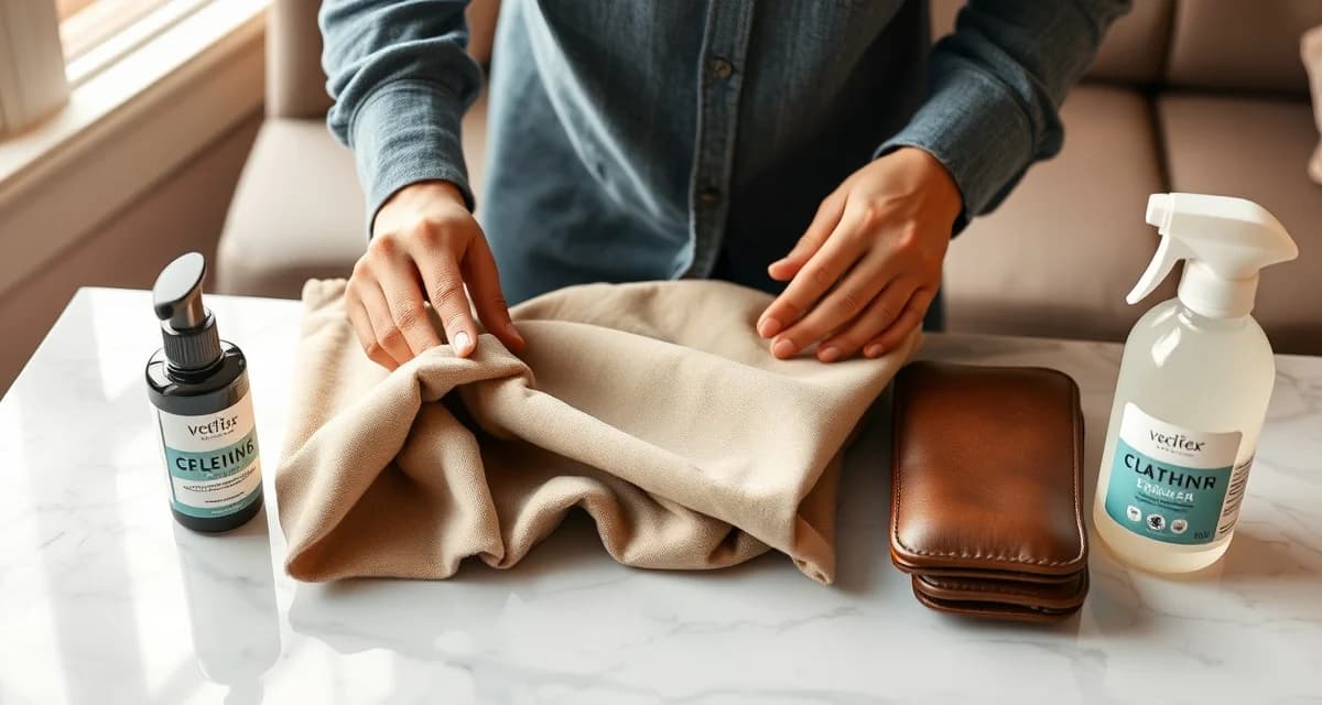 Fabric care best practices for upholstery maintenance Professional upholstery fabric care demonstration with velvet, linen, performance, and leather swatches being cleaned with proper techniques.