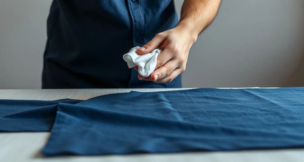 Fabric quality control testing method Hands performing wet rub colorfastness test on navy upholstery fabric to check for color transfer before cutting.
