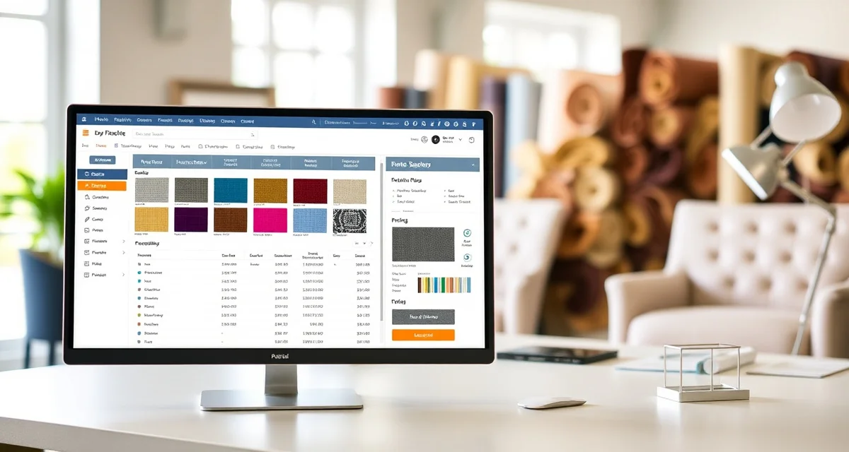 Upholstery shop fabric database software interface Digital fabric database interface for upholstery shop management showing organized fabric swatches with pricing and inventory details