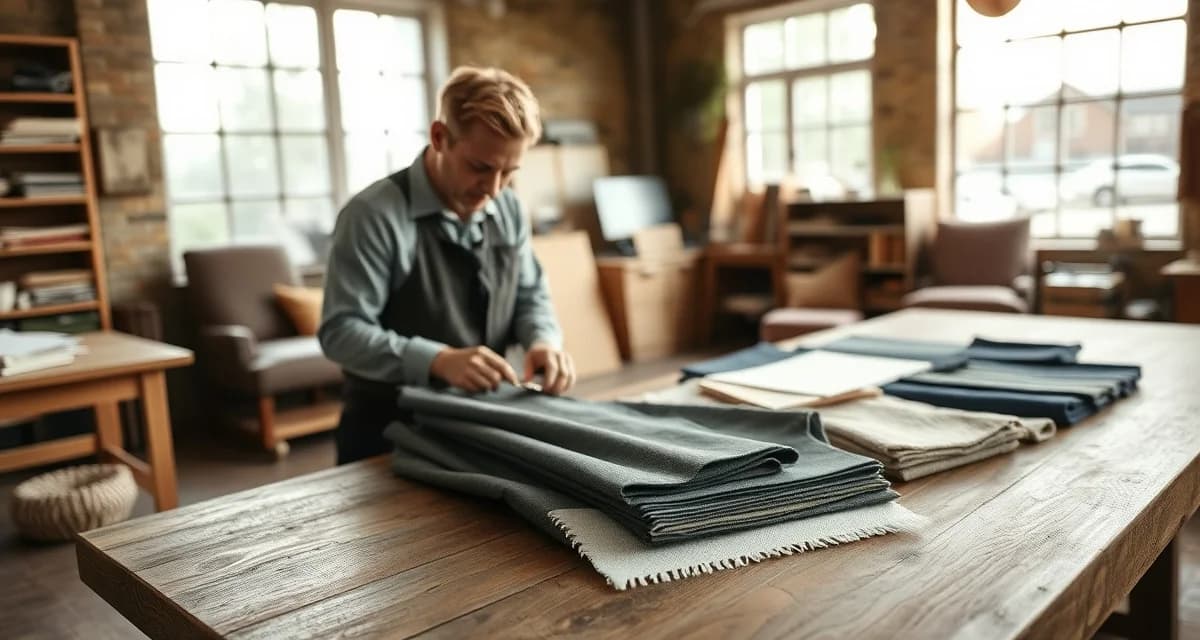 Professional fabric pricing strategy for upholstery businesses Upholstery shop owner measuring and calculating fabric markup costs on premium textile samples