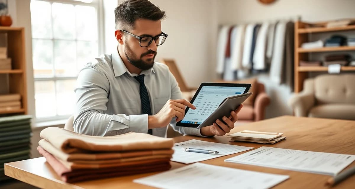 Fabric ordering calculator for upholstery businesses Upholstery shop manager using fabric order calculator to optimize weekly shipments and reduce costs on a tablet device.