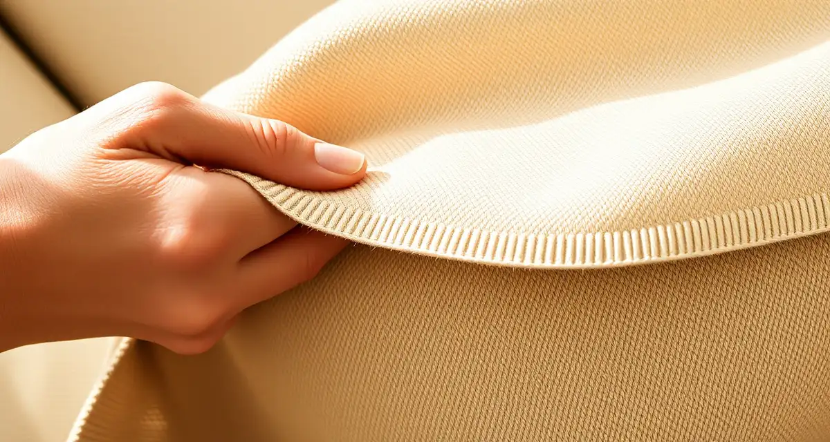 Fabric selvage identification technique Close-up of upholstery fabric selvage edge showing finished lengthwise border with warp threads aligned parallel.