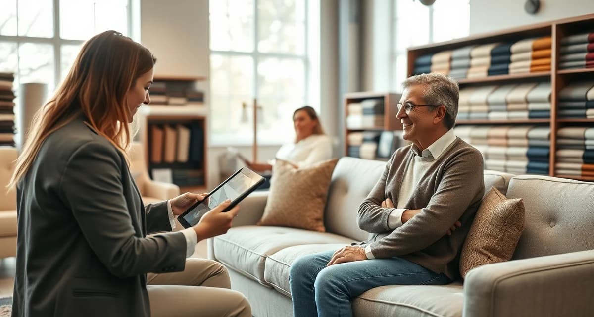 Digital fabric visualization increases upholstery shop sales and reduces remakes Upholstery shop manager using fabric visualization software on tablet to show client custom fabric options for sofa reupholstering project