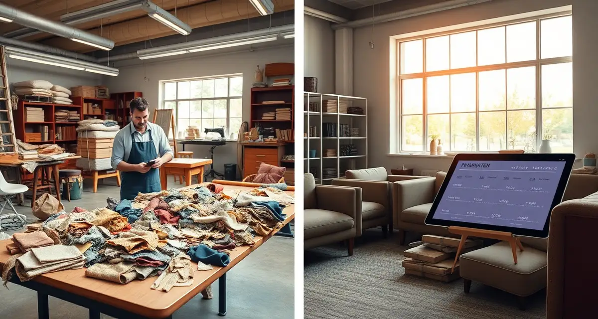 AI fabric calculator reduces upholstery waste by 60% Upholstery shop owner reviewing fabric waste reduction results on digital management software dashboard