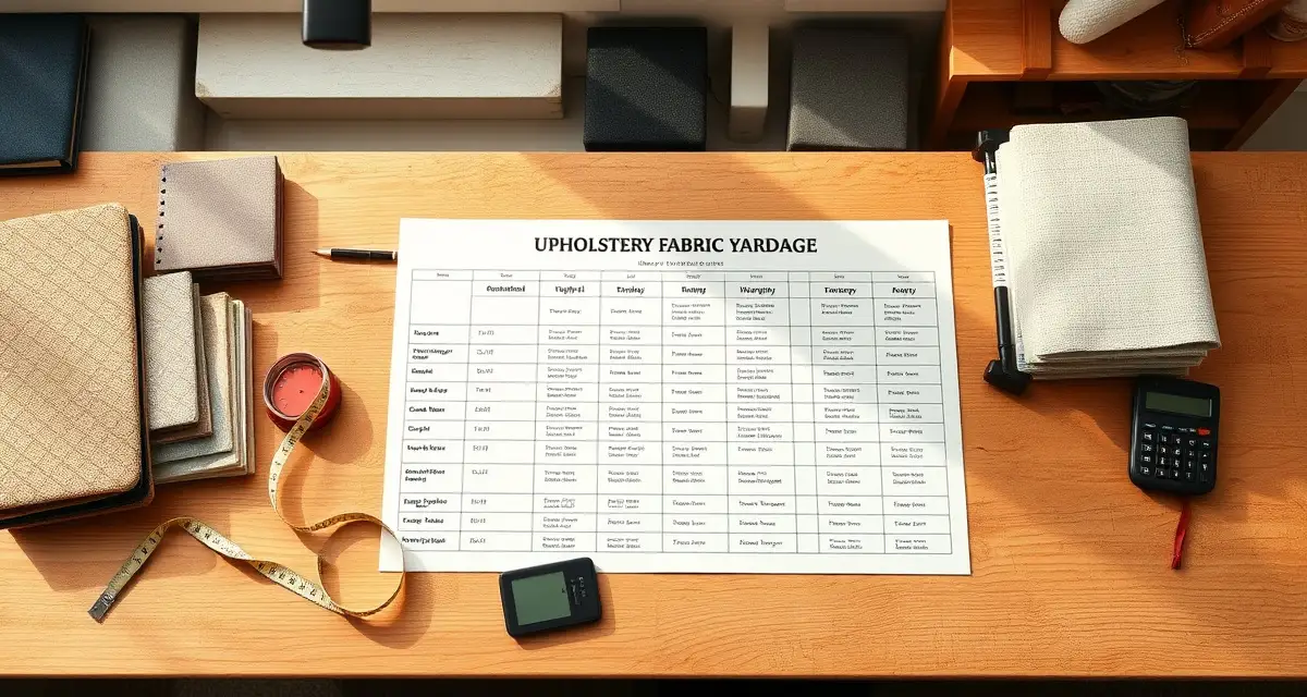 Furniture yardage estimation guide Upholstery fabric yardage chart showing quick reference measurements for sofas, loveseats, chairs, sectionals, and headboards on professional workbench.