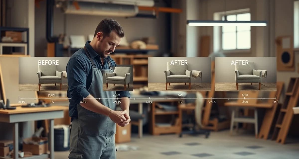 Visual documentation system for upholstery project tracking Upholstery job photo timeline showing before-and-after transformation stages of furniture restoration documented through sequential milestone photos