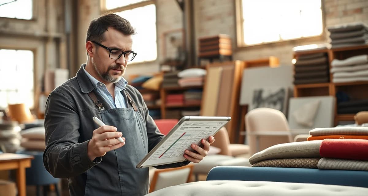 Labor Rate Calculation Best Practices Upholstery shop manager calculating labor rates using cost-plus-margin pricing model to determine accurate hourly charges