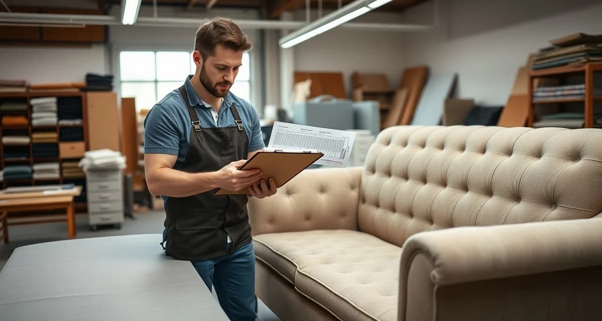 Lead time tracking in professional upholstery shop Upholstery shop manager documenting lead times and project schedules for reupholstery work timeline planning