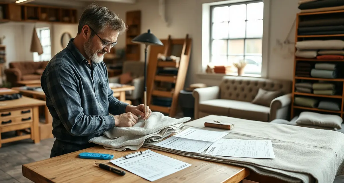 Professional pricing strategy for upholstery jobs Upholstery shop owner calculating job pricing and material costs at workbench with fabric samples and pricing tools