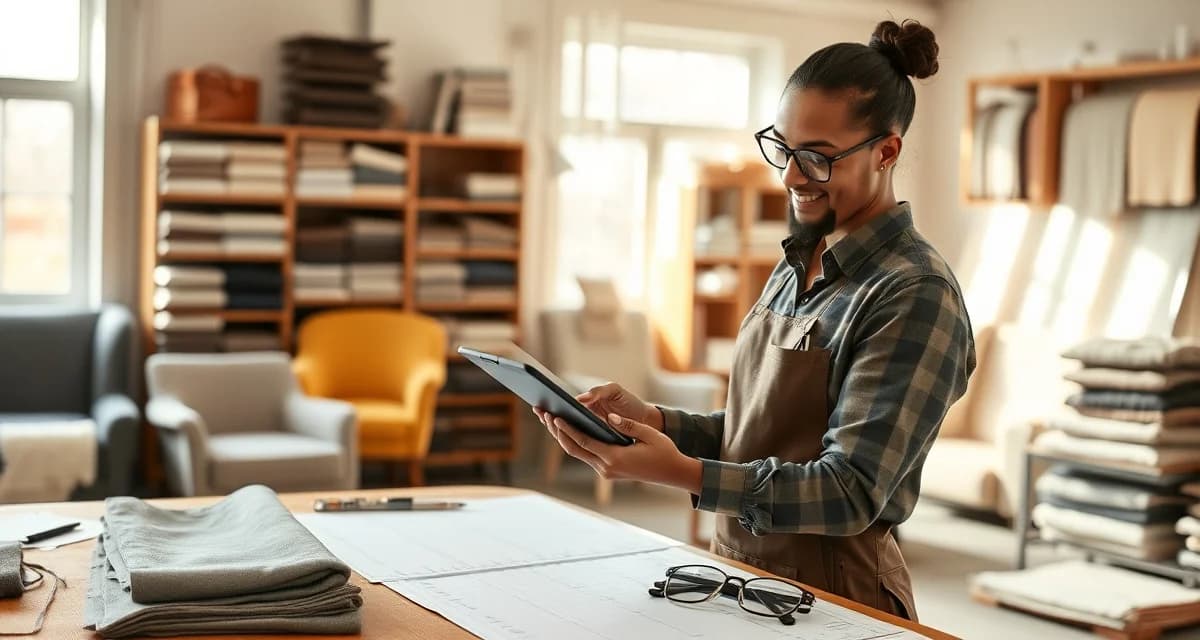 Reupholstery pricing calculation method Upholstery shop owner using pricing formula on tablet to calculate reupholstery job costs with fabric samples