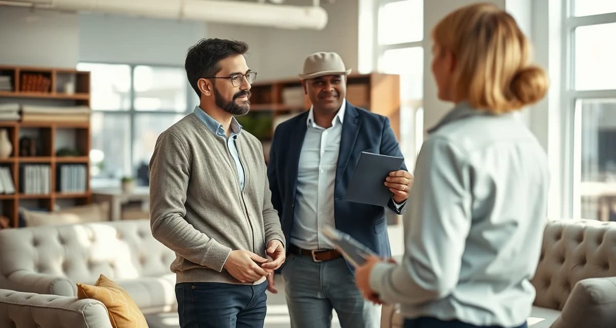 Strategic pricing presentation for upholstery services Upholstery shop owner discussing three-tier pricing options with client in professional showroom setting