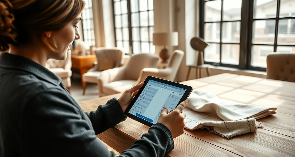 StitchDesk upholstery quoting tool in professional workshop setting Upholstery shop manager using quote generator software on tablet to create professional customer quotes with fabric samples and measurements