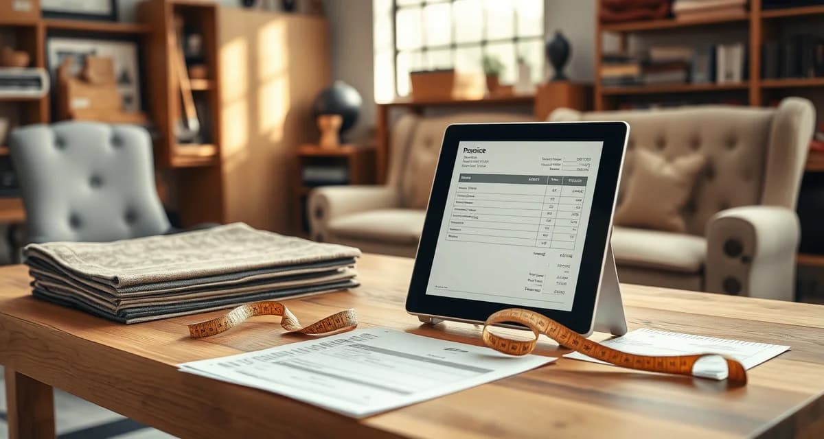 Sample upholstery quote template for shop management Professional upholstery quote template showing 12 essential line items for fabric yardage, labor costs, and materials on a work desk.