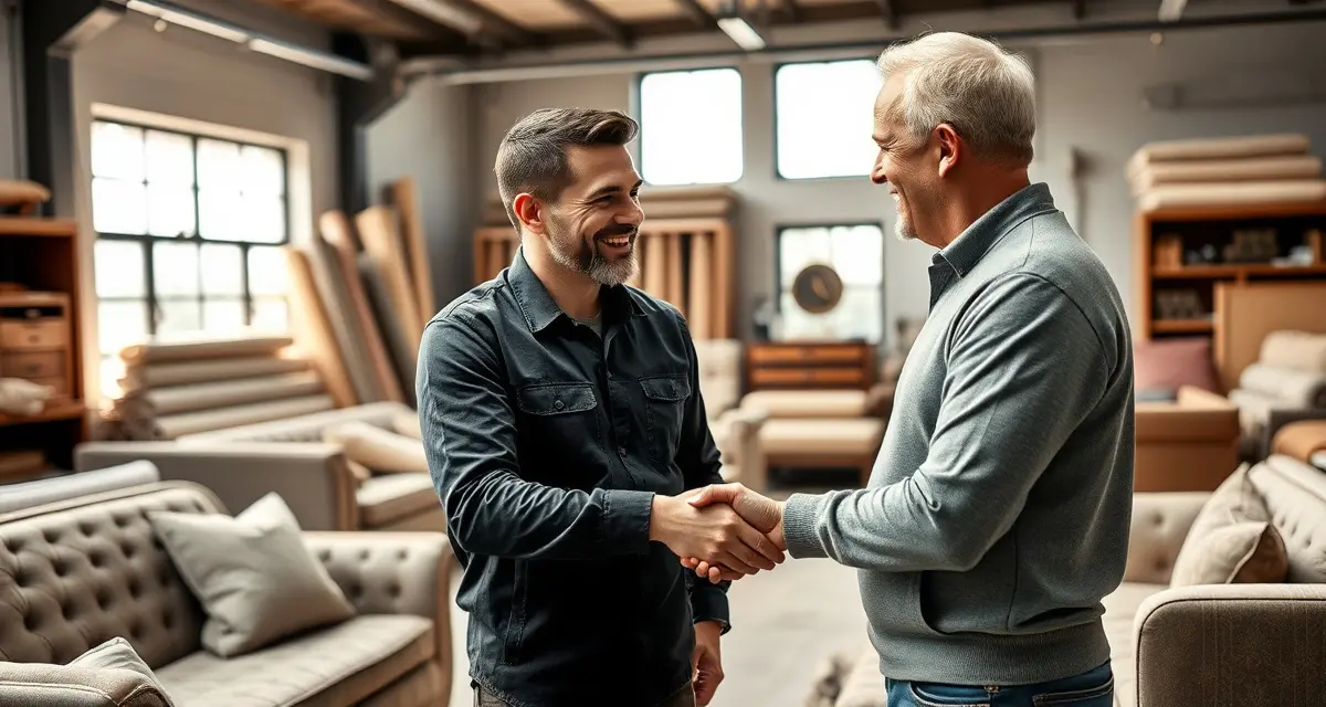 Building referral momentum through customer conversations Upholstery shop owner and customer discussing referral at furniture delivery, demonstrating word of mouth marketing strategy for upholstery businesses