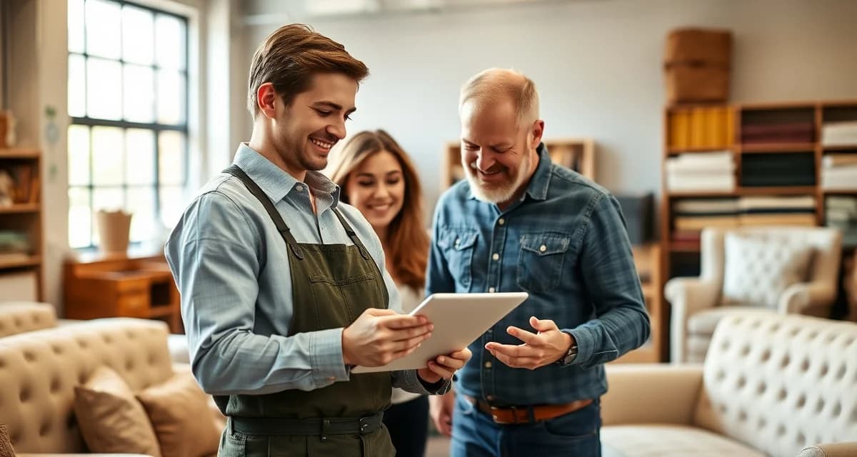 Building customer loyalty in upholstery business Upholstery shop owner discussing repeat customer retention strategy with client in professional workshop setting