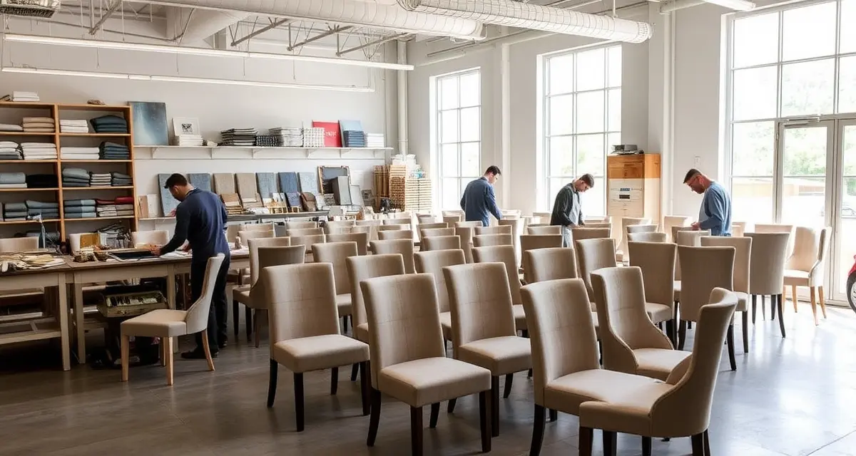 Professional upholstery business handling commercial contract work Commercial upholstery workshop team reupholstering restaurant chairs as part of large-scale contract project management.